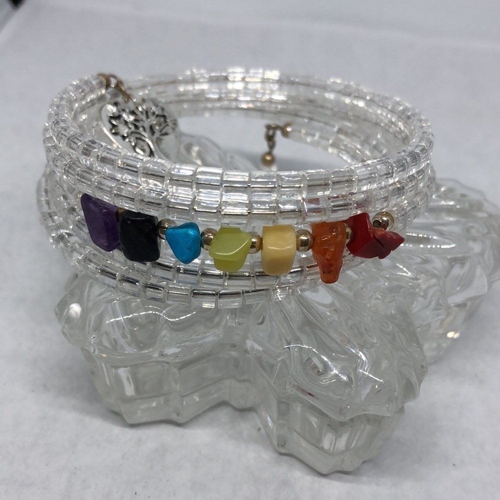 La Brand  Gemstones Chips Memory Wrap Coil Bracelet Tree of Life Charm